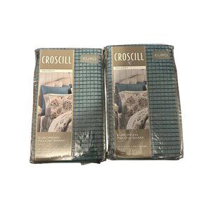 Croscill Beckett European Pillow Shams Set Of 2 26"x26" Blue Grid Pattern Cotton